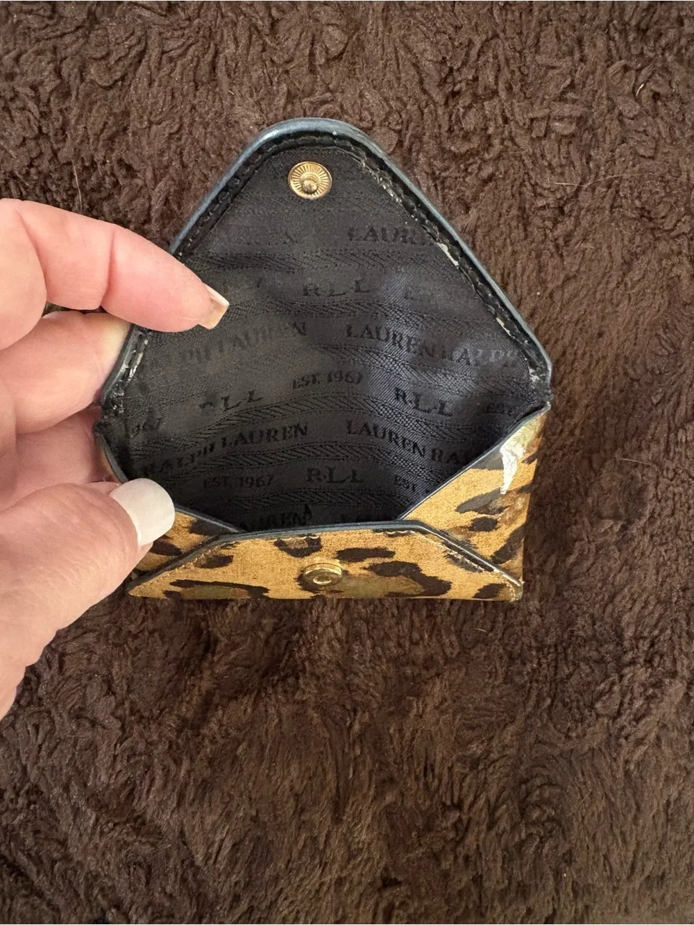 Ralph Lauren patent Leather Leopard Print Envelope Clutch Wallet - Brown